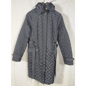 Cole Haan Signature Women's XL Quilted Jacket Coat Black Belted Belt Long Hood